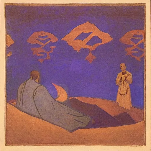 Prompt: study to the storyteller ; nicholas roerich ; symbolism ; c. 1 9 1 7