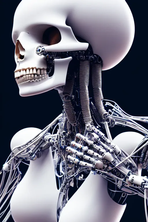 Image similar to a robot holding a human skull on its hand, perfect symmetrical body, full body shot, inflateble shapes, wires, tubes, veins, white biomechanical, wearing epic bionic cybor implants, masterpiece, intricate, biopunk vogue, highly detailed, artstation, concept art, cyberpunk, octane render