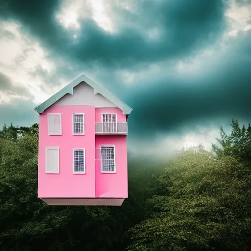 Image similar to a 5 0 mm lens photograph of a cute pink floating modern house, floating in the air between clouds, inspired by the movie up, held up from above by a heart - shaped ballon. mist, playful composition canon, nikon, award winning, photo of the year