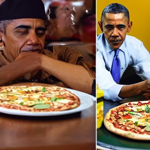 Image similar to “ diorama of barack obama serving pizza at an olive garden, actual photo, kind of like chuck e. cheese ”