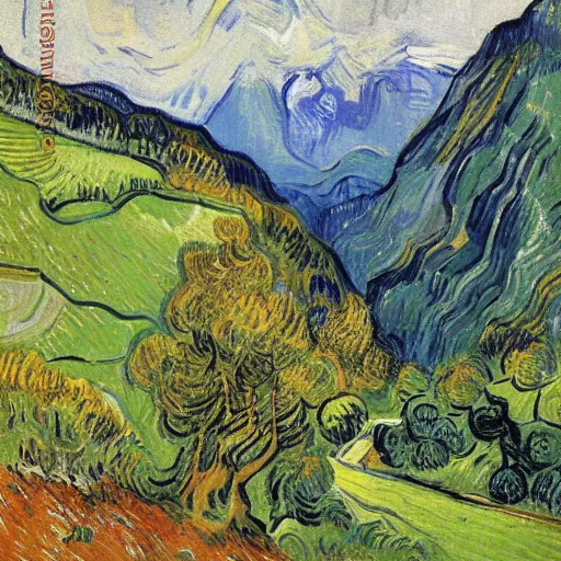 Prompt: Lauterbrunen Valley, Switzerland, waterfall from the cliff and Swiss village visible, by van Gogh