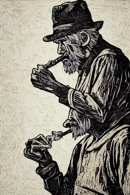 Prompt: a beautiful woodcut print of an old man smoking a pipe, 8 k, frostbite 3 engine, cryengine, dof, trending on artstation, digital art, crepuscular ray, art by roy l davies and tugboat printshop