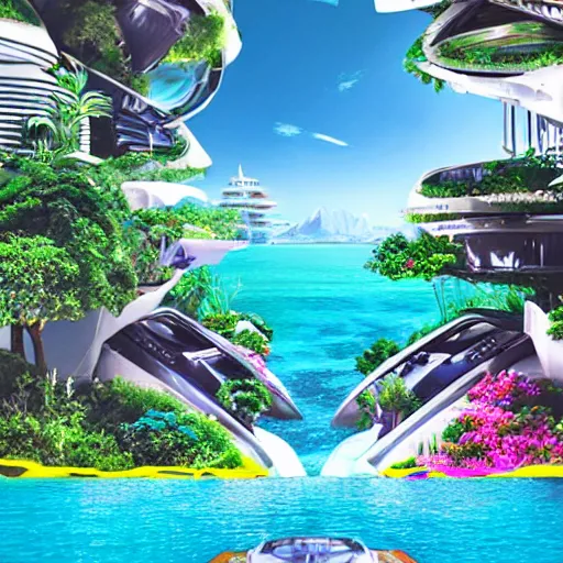 Image similar to futuristic paradise, real life picture, futuristic