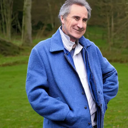 Prompt: Peter Salis as Norman Clegg wearing a blue mackintosh coat standing near a yorkshire lake