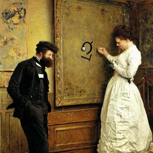 Image similar to a man and a woman solving an escape room puzzle alfred stevens