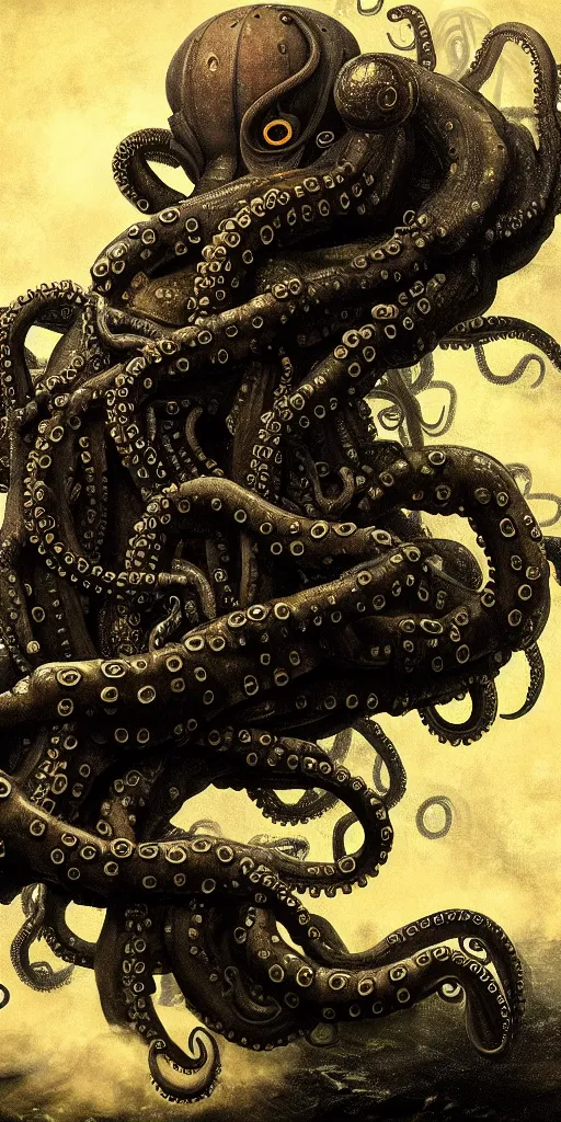 Prompt: a steam locomotive that is slowly transforming into thick tentacles, matte oil painting, by rembrandt, in the style of an octopus, monstrosity, concept art, d & d, coal power, fantasy, fog, sharp focus, eldritch, award - winning, extremely detailed, 4 k, 8 k