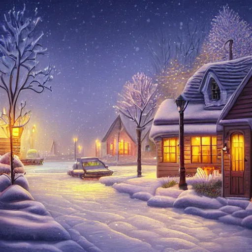 Image similar to town inspired by Evgeny Lushpin,winter,night time,cottages,cinematic,art station