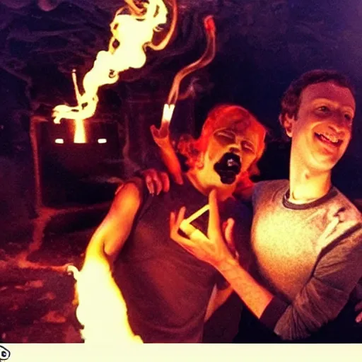 Image similar to selfie of Lucifer smoking weed with mark zuckerberg in hell