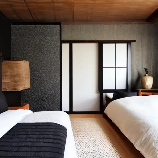 Image similar to bedroom, stone, interior design, stylish luxury hotel bedroom design, yakisugi, black vertical slatted timber, textures, feminine, black walls, art, Japanese pottery vase with flowers, kakejiku, seasonal, Japanese influences