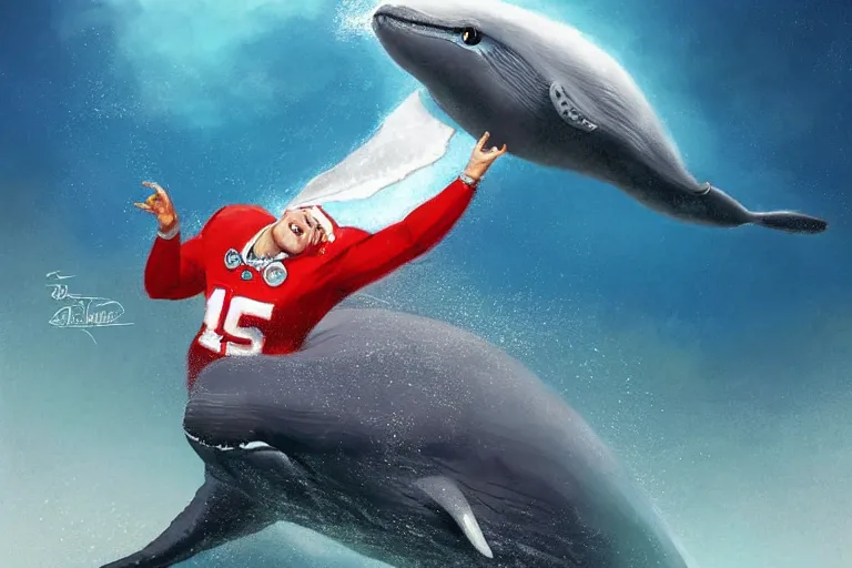 Prompt: a whale who loves patrick mahomes and the nfl, by greg rutkowski, rossdraws, gil elvgren, enoch bolles, anime, very coherent