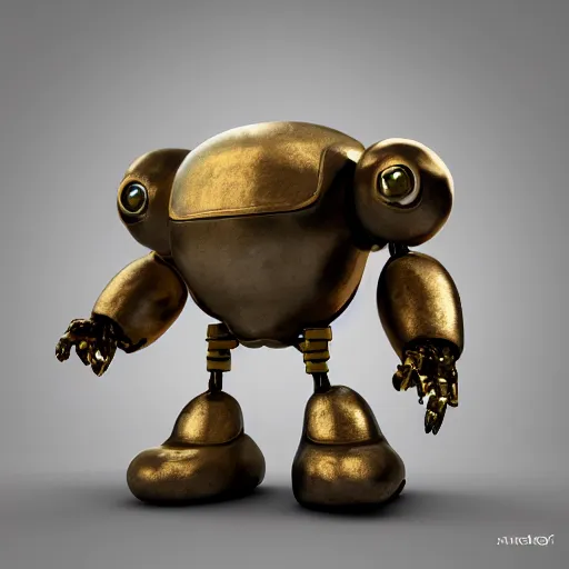 Prompt: a small chubby bot, smooth panelling, one large gold eye intricate detail, style of pokemon, with damaged rusty arms, broken antenna, recycled, floating, white studio, oil, mechanical, toy, ambient light, in the style of pokedstudios, belnder, octane render, 8 k,