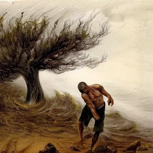 Image similar to The drawing shows a man caught in a storm, buffeted by wind and rain. He clings to a tree for support, but the tree is bent nearly double by the force of the storm. The man's clothing is soaked through and his hair is plastered to his head. His face is contorted with fear and effort. by William Trost Richards natural