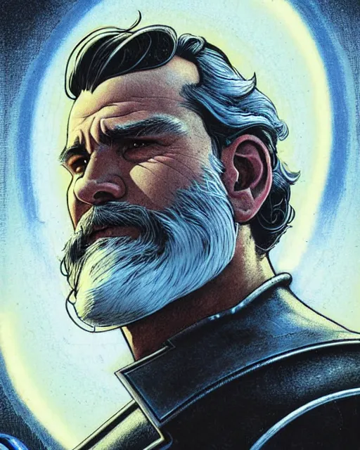 Image similar to reinhardt from overwatch, josh brolin, gray hair and beard, character portrait, portrait, close up, concept art, intricate details, highly detailed, vintage sci - fi poster, vintage sci - fi art, retro future, in the style of chris foss, rodger dean, moebius, michael whelan, and gustave dore