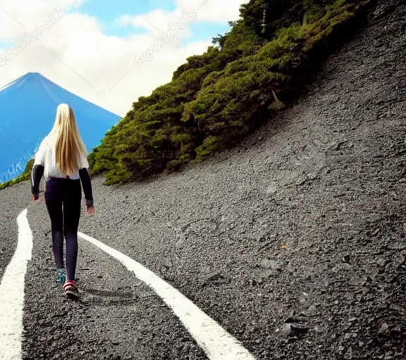 Image similar to beautiful silver hair young woman walking up Mount Fuji in the style of studio ghibli and manga