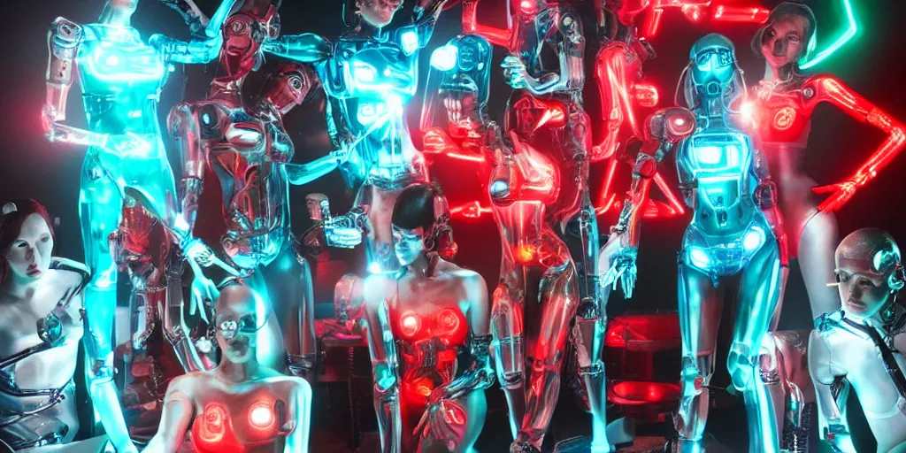 Image similar to !13 diverse cybersuits on !one_side of a reflective !cybernetic table, !!posing_as_last_supper cinematic lighting, detailed glowing red implants, teal, satin, !!highly detailed