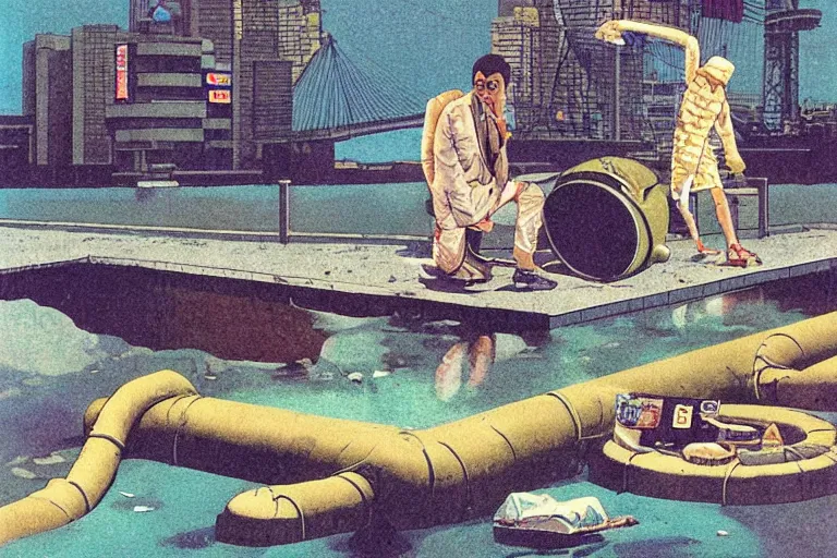 Image similar to 1 9 7 9 omni cover of a sewer pipe near spewing fish and trash near a seawall in tokyo. art in cyberpunk style by dali, and vincent di fate