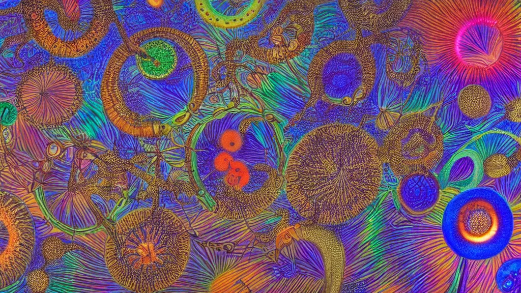 Image similar to quantum connections represented as symbiotic organisms like cells playing around with colorful lights by ernst haeckel, liquid