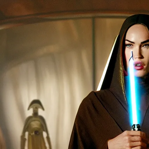 Image similar to Still of Megan Fox on the Jedi Council, Star Star Wars, Cinematic Lighting, beautiful composition, 8K resolution