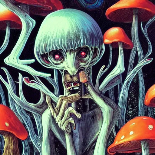 Image similar to 4 k headshot portrait of a psychedelic demonic anthropomorphic wendigo smoking a hand - rolled cigarette smoking heavily, magic mushroom village in background. award winning. superb resolution. in the art style of junji ito and greg rutkowski. detailed mushroom city in background. hyper realistic anime. perfect art. dalle 2