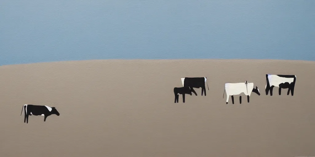 Image similar to detailed minimalist painting of cows enjoying the beach