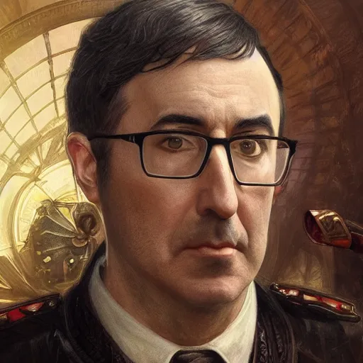 Image similar to portrait of stoic looking john oliver as the vigo carpathian painting, military uniform, fantasy, intricate, elegant, highly detailed, centered, dark, smokey, digital painting, artstation, concept art, smooth, sharp focus, illustration, art by artgerm and greg rutkowski and alphonse mucha