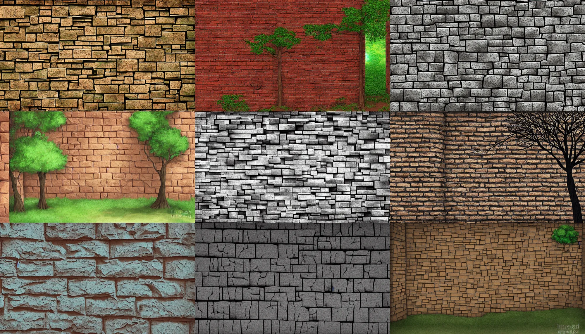 Prompt: a brick stone wall, trees cast shadows on the wall, anime, digital art