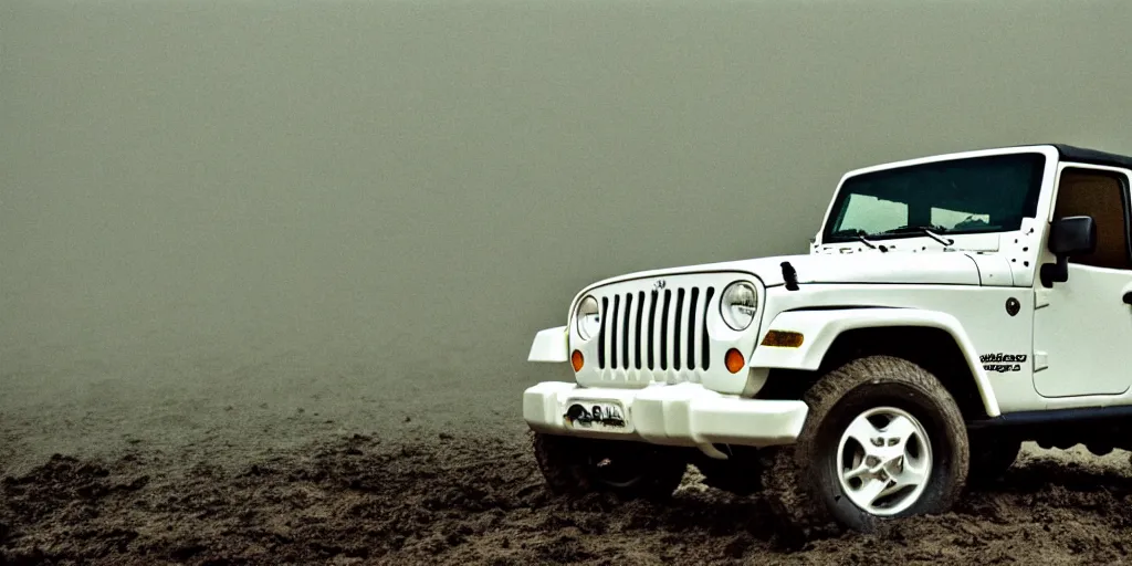 Prompt: noisy old color photograph of a 1997 hardtop white Jeep Wrangler drowning in quicksand, iridescent fog swallows the dirty swamp, gritty, Venom liquid grabs at the Jeep, cinematic, soft vintage glow