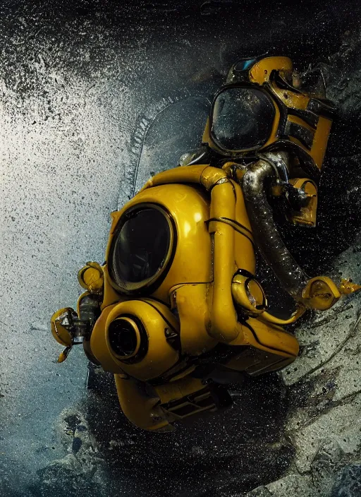 Image similar to a photorealistic dramatic hyperrealistic underwater render of an exosuit deep sea submersible, ultra realistic details, glossy yellow, well worn, rust, oil stains by vitaly bulgarov and mike nash, beautiful dramatic dark moody tones and lighting, cinematic atmosphere, studio lighting, global illumination, shadows, dark background, octane render, 8 k