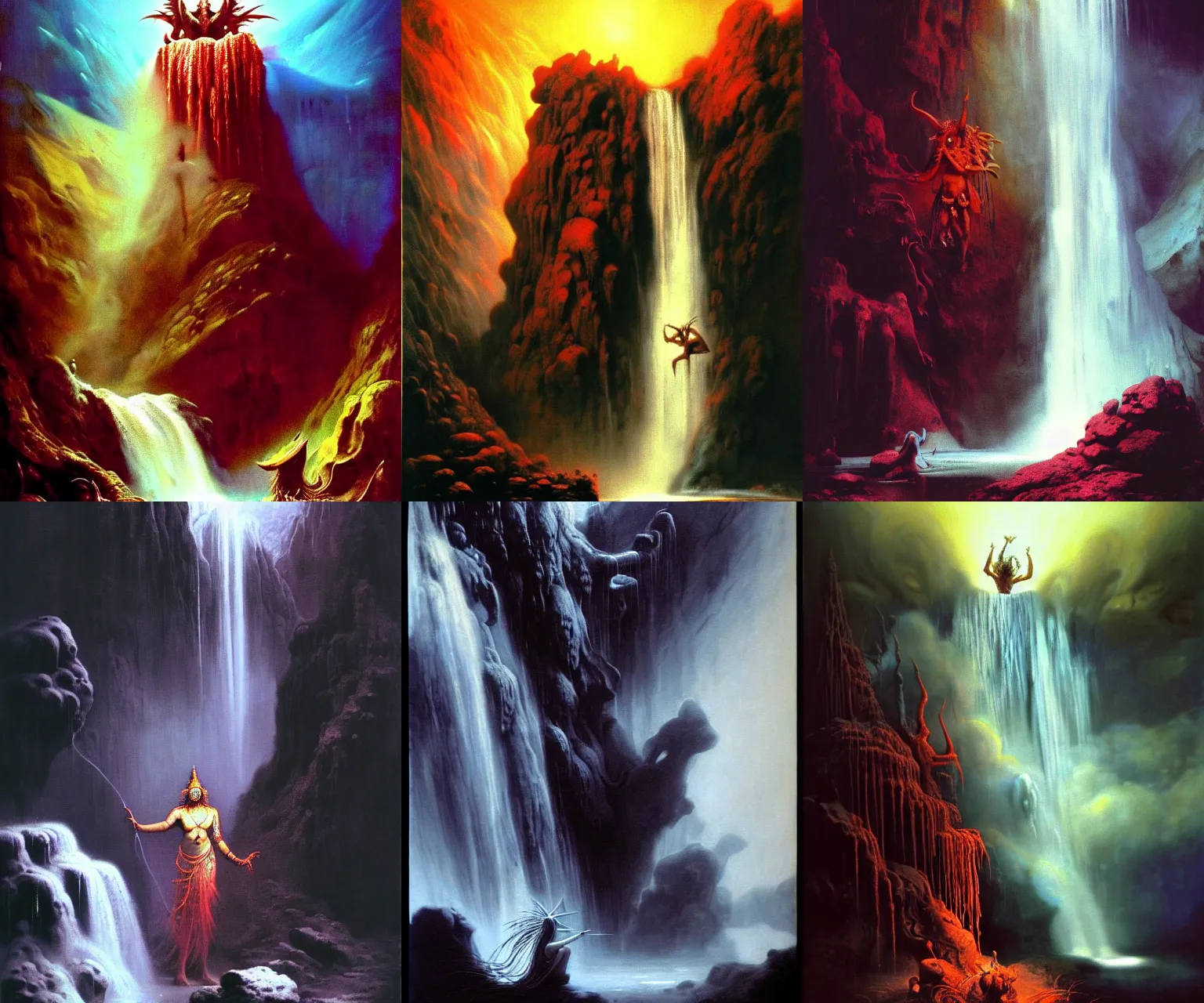 Prompt: A cinematic portrait of the majestic mystical colossal Indian Hindu Demon Satan goddess standing below a waterfall, by Rembrandt van Rijn, by Wayne Barlowe, by Paul Lehr, by Bruce Pennington, by Zdzisław Beksiński, oil on canvas, masterpiece, trending on artstation, featured on pixiv, cinematic composition, astrophotography, dramatic pose, beautiful lighting, sharp, details, details, hyper-detailed, no frames, 8K