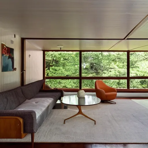 Image similar to midcentury house in space, interior