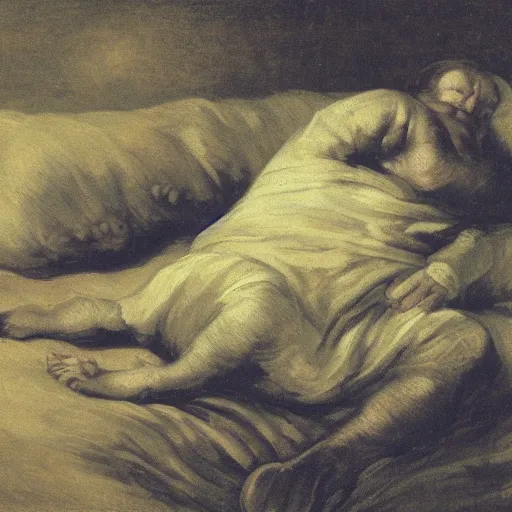 Prompt: once upon a midnight dreary, while i pondered, weak and weary, over many a quaint and curious volume of forgotten lore, while i nodded, nearly napping, suddenly there came a tapping, painting by goya, 8 k,