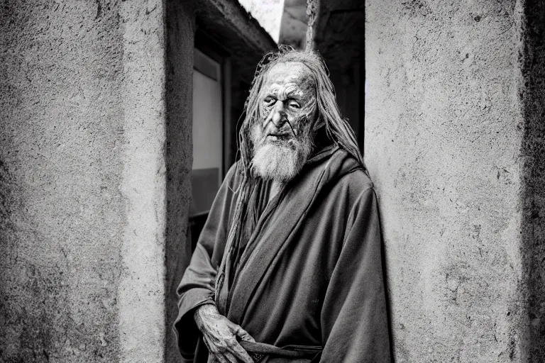 Prompt: character and environment photography, portrait shamanistic infested 8 0 - year - old male druid, messy hair, old tattered robe, medium shot, wide angle, 2 0 0 px, full front, natural light