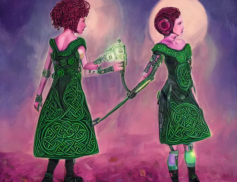 Image similar to celtic scifi princess of the heath, wearing a lovely dress with cyberpunk details. this oil painting by the beloved children's book author has an interesting color scheme and impeccable lighting.