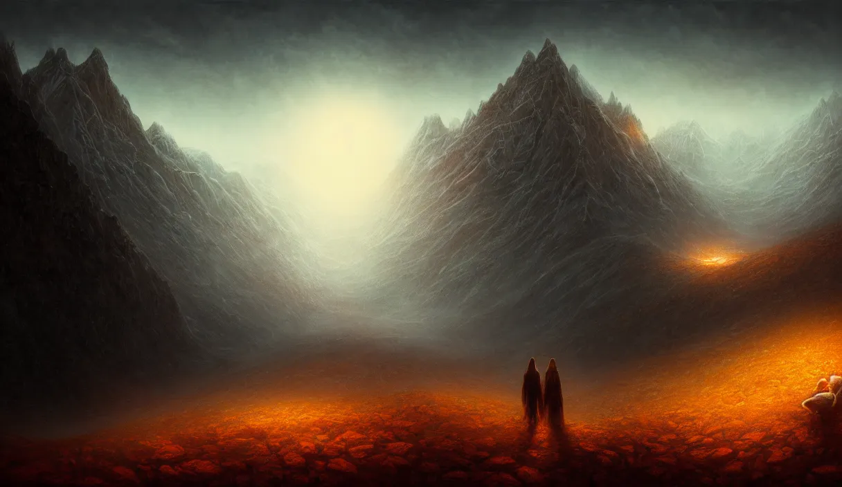 Image similar to epic professional digital art of hungry eyes, ambient amber light, painted, mysterious, closeup cinematic mountain scene, eerie, mythic, detailed, intricate, grand, leesha hannigan, wayne haag, reyna rochin, ignacio fernandez rios, mark ryden, van herpen, artstation, cgsociety, epic, stunning, gorgeous, wow wow detail