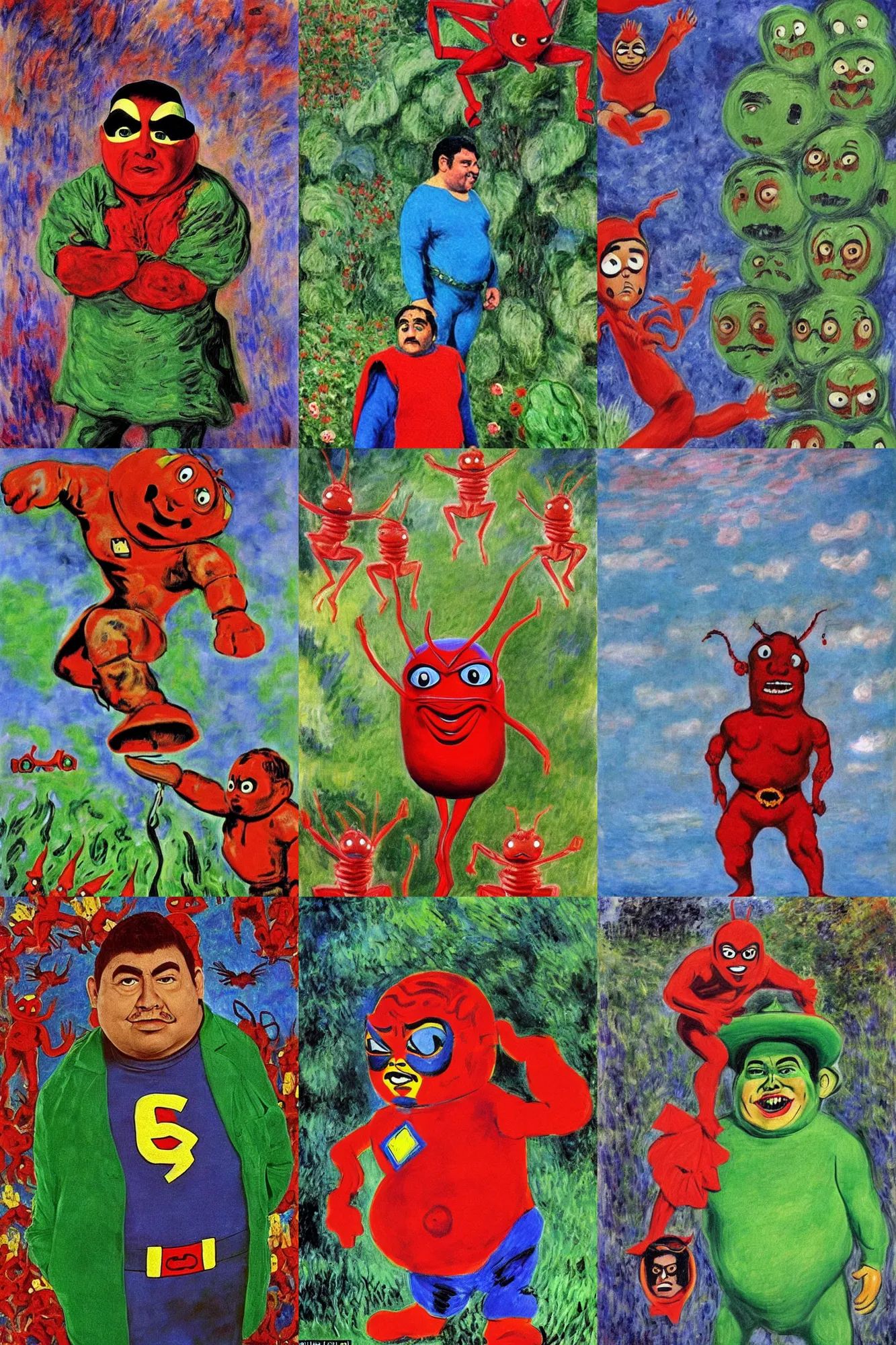 Prompt: El Chapulín Colorado (English: The Red Grasshopper) is a Mexican television comedy series that ran from 1973 to 1979 and parodied superhero shows, painting by Claude Monet