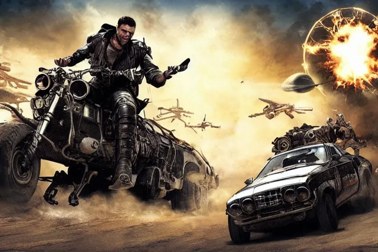 Prompt: mad max riding his interceptor in space, fighting mutants on space bikes, action - scene, very detailed, high octane