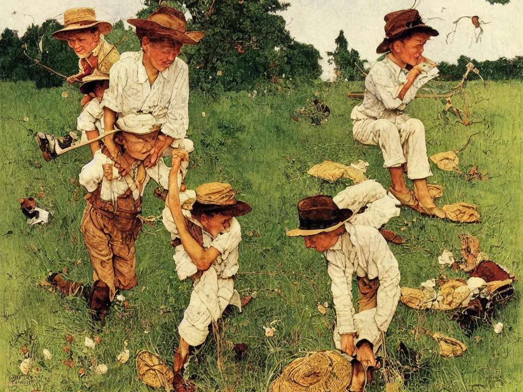 Prompt: the adventures of tom sawyer and huckleberry finn, illustrated by norman rockwell, playful, naturalistic, simple life, mississippi, colorful, landscape