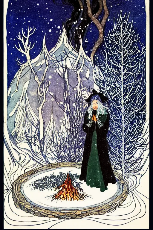 Prompt: a black witch's cauldron over a burning flames in the center of a circular frame, winter, snow, blue, night, sky, stars, snowy pines in the background, detailed art by kay nielsen and walter crane, illustration style, watercolor