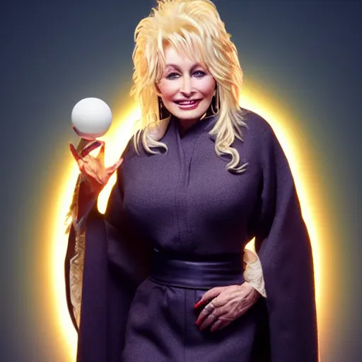 Prompt: Dolly Parton wearing monk robes holding a glowing orb. Trending on Artstation, octane render, ultra detailed, art by Ross tran