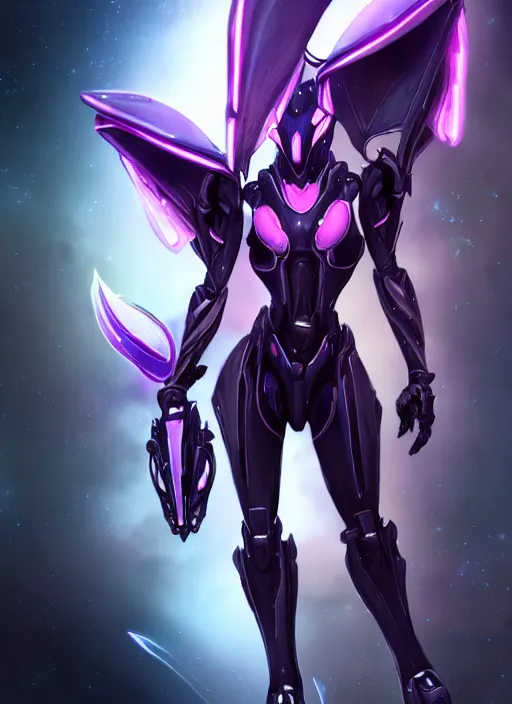 Image similar to cinematic close shot, galactic sized proportional stunning beautiful hot female warframe, sleek mecha goddess dragon head, metal ears, led purple eyes, smooth fuschia skin, smooth silver armor, floating in space, holding a galaxy, epic proportions, epic size, epic detail, furry art, dragon art, giantess art, warframe fanart, furaffinity, octane