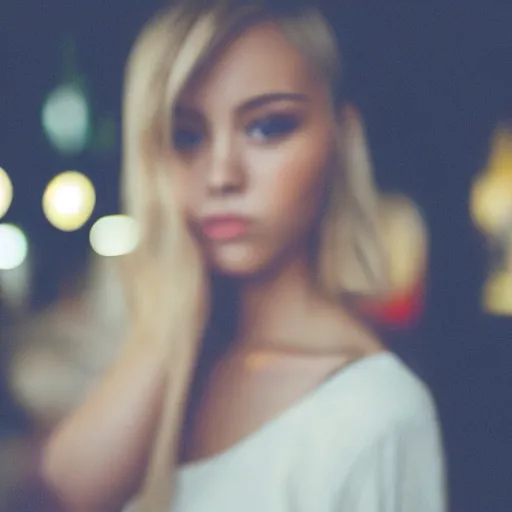 Image similar to “ fashion model short blonde hair looking into lens heavy bokeh photography high quality ”
