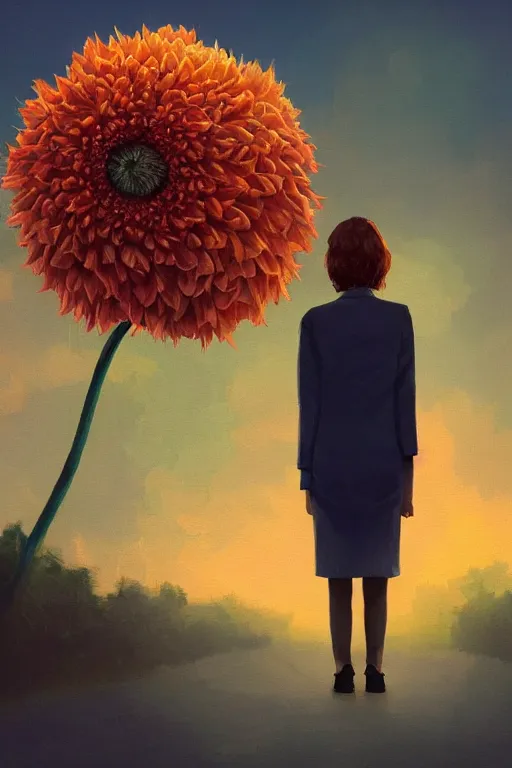 Prompt: closeup giant dahlia flower head, frontal, girl in a suit, standing in street, surreal photography, sunrise, dramatic light, impressionist painting, digital painting, artstation, simon stalenhag