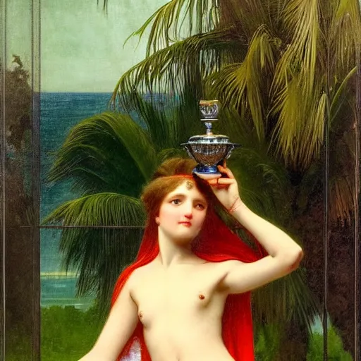 Image similar to Girl with a blood dripping chalice at the palace, thunderstorm, pool, beach and palm trees on the background major arcana sky, by paul delaroche, alphonse mucha and arnold böcklin arnold böcklin hyperrealistic 8k, very detailed