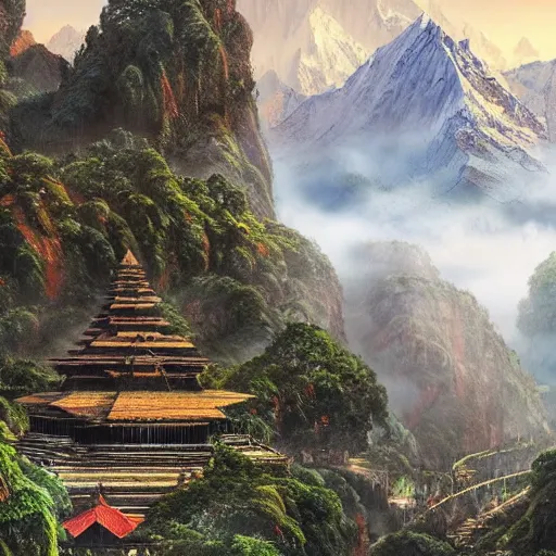 Image similar to a beautiful and highly detailed digital art of nepal in science fiction movie, detailed high buildings and rockets, forgotten valley, nepali architecture buildings, swirling mist, lush forests, intricate details, epic scale, insanely complex, 8 k, sharp focus, hyper realism, fantasy landscape, psychedelic, by caspar friedrich,