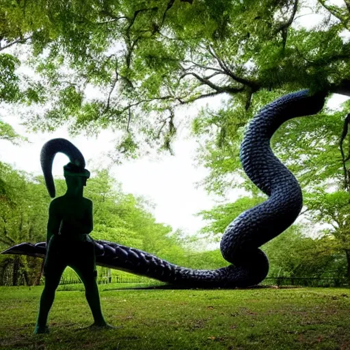 Prompt: A beautiful sculpture of a large, looming creature with a long, snake-like body. The creature has many large, sharp teeth, and its eyes glow a eerie green. It is wrapped around a large tree, which is bent and broken under the creature's weight. There is a small figure in the foreground, clutching a sword, which is dwarfed by the size of the creature. dark violet, octane 3d by Janine Antoni, by Arthur Hughes neat, playful