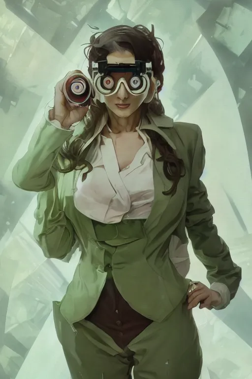 Image similar to a full body character design by artgerm, cushart krenz, greg rutkowski and alphonse mucha. cute mad scientist woman lab coat!! green plasma laser gun!! goggles visor!! bold outline sharp edges. ultra clear detailed. 8 k. ultra detailed, elegant, intricate, octane render.