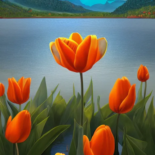 Image similar to orange Tulip with a lake view, intricate, highly detailed, digital painting, artstation, concept art, smooth, sharp focus, illustration, Unreal Engine 5, 8K, art by artgerm and greg rutkowski and alphonse mucha