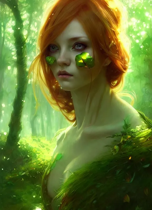 Prompt: stunningly beautiful female green and ginger hair, fantasy art, fae priestess, lush forest landscape, dark light night, sharp focus, digital painting, 4 k, concept art, art by wlop, artgerm, greg rutkowski and alphonse mucha