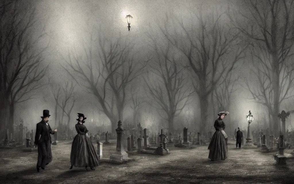 Image similar to people in victorian - era clothing strolling around people in victorian - era clothing strolling around a graveyard at night, bats flying over tombstones, bare trees, iron railing, gloomy atmosphere, digital illustration, highly detailed, cinematic lighting, perfect composition, 4 k, artem demura