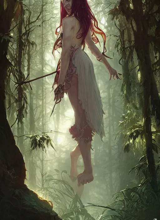 Image similar to a beautiful cute young demon princess in a forest, D&D, fantasy, intricate, cinematic lighting, highly detailed, digital painting, artstation, concept art, smooth, sharp focus, illustration, art by Terry Moore and Greg Rutkowski and Alphonse Mucha